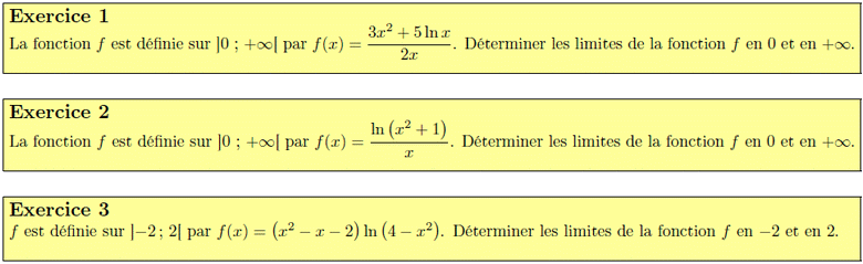 Exercices sur les limites de la fonction logarithme népérien